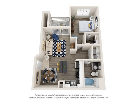 Floor plan for 1 bed, 1 bath, 687 sqft